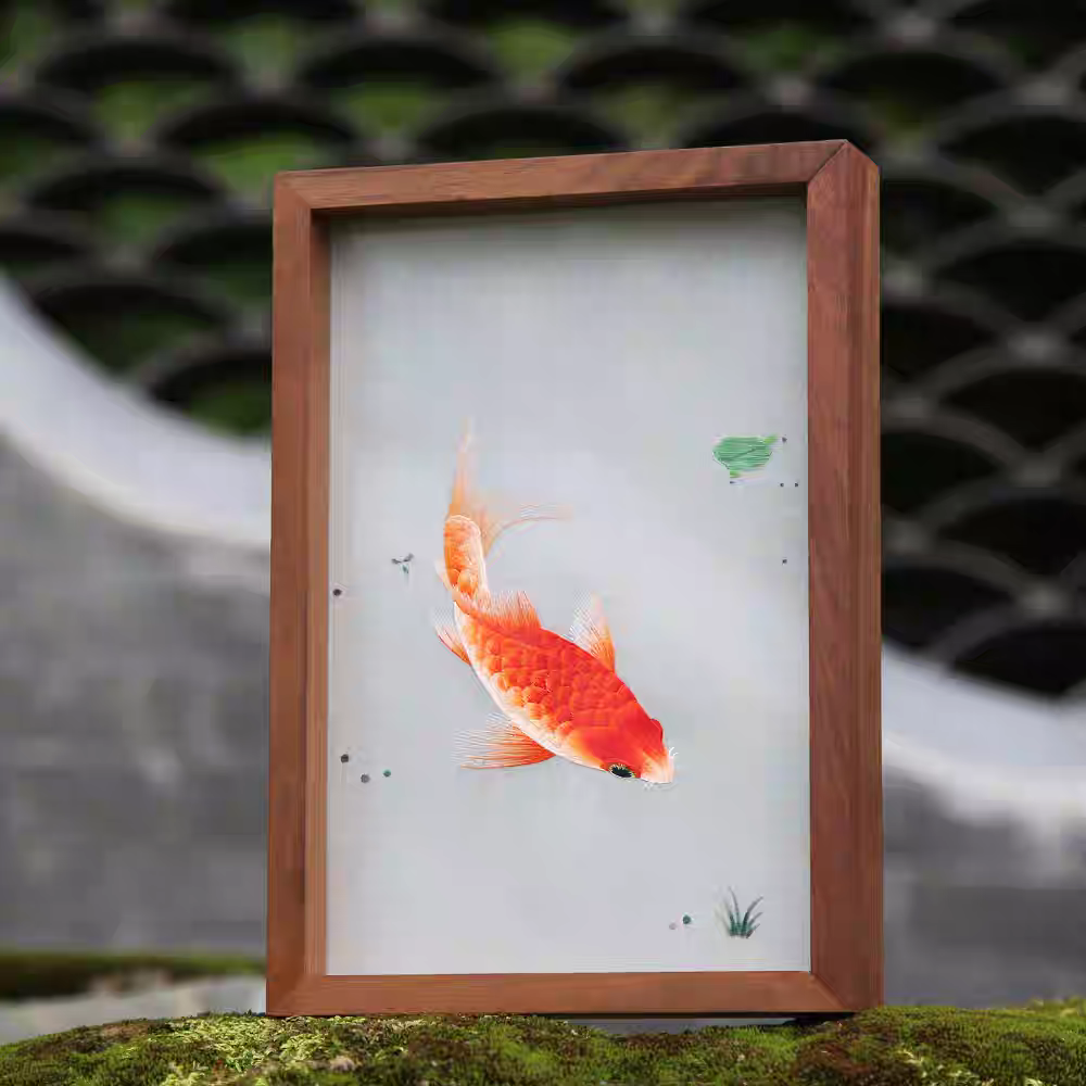 Handmade Shu Embroidery Double-Sided Koi Fish Art Frame – Chengdu Silk Embroidery Desk Decor, Chinese Lucky Koi Ornament, Luxury Gift – Free Worldwide Shipping