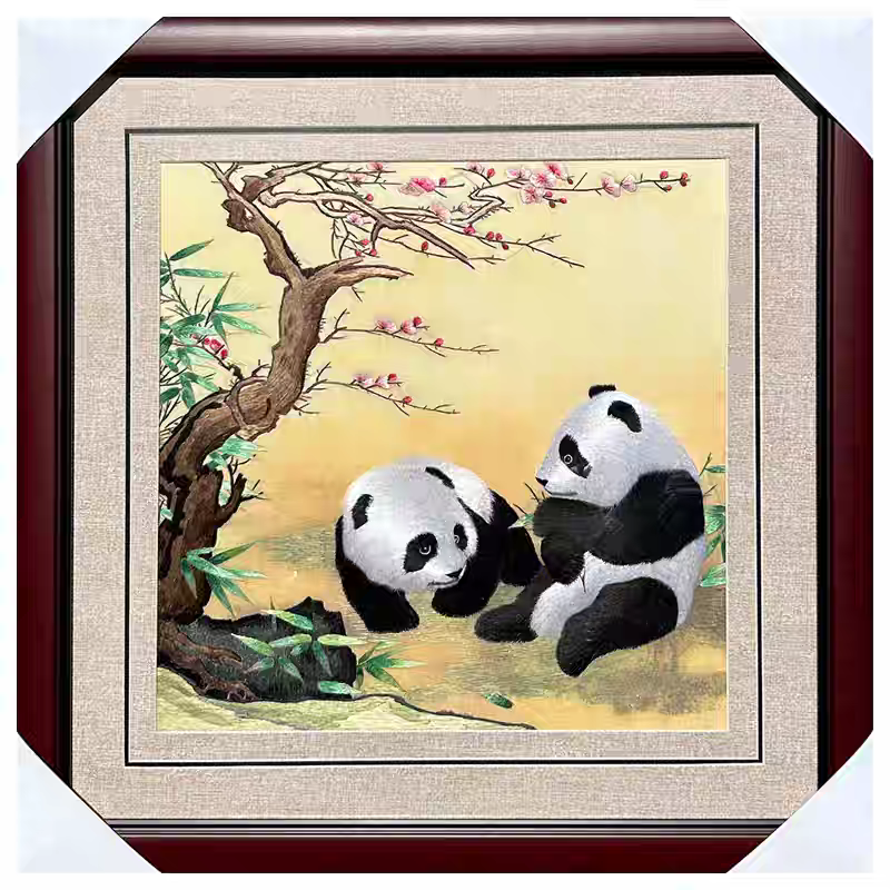 Handmade Suzhou Silk Embroidery Panda Wall Art – Authentic Su Embroidery Panda & Plum Blossom Painting, Chinese Intangible Heritage Silk Artwork, Luxury Gift – Free Worldwide Shipping